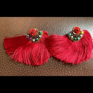 NWT - Burgundy Boho Tassel/Floral Earrings
